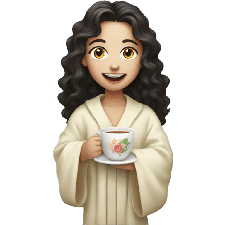 a girl with pale skin, long curly dark hair, drinking tea, with a robe on, sticking her tongue out happily emoji