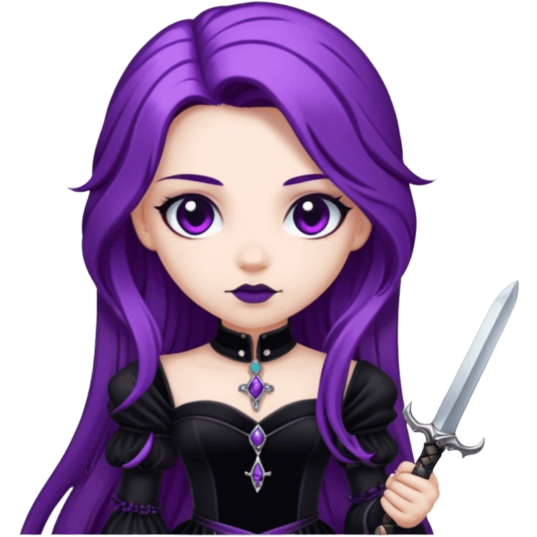 A gothic princess with long purple hair, in a black velvet dress, holding a silver dagger. emoji