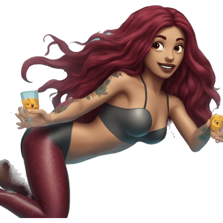 Beautiful tattooed  burgundy long haired woman swimming in a pool emoji