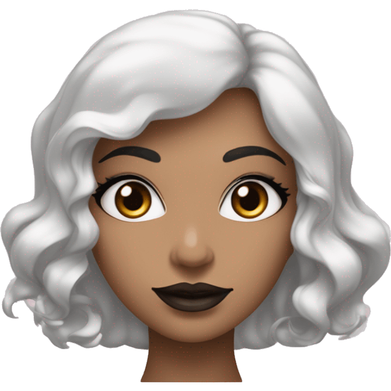 Femme blanche aux yeux noir avec des cheveux noirs de longue taille , une bouche moyenne de couleur rose de lèvres , des yeux de sirène des sourcils noirs emoji