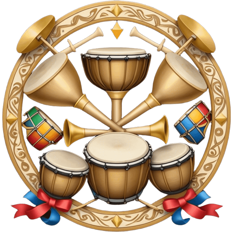 Create a heraldic, festive, and professional emblem-like emoji representing percussion instruments. The design should resemble a traditional crest, featuring a variety of percussion instruments such as cymbals, triangle, tambourine, maracas, timpani, bongo drums, and other traditional folk percussion instruments. Arrange them symmetrically, with cymbals crossing each other, the triangle at the center, and timpani or bongo drums flanking the sides. Include tambourines and maracas prominently, adding rhythm and texture. A flowing ribbon of musical notes should elegantly weave through the instruments, enhancing the sense of movement and celebration. Add intricate decorative patterns on the instruments, along with ornamental swirls, laurels, or flourishes to elevate the festive and heraldic feel. The overall composition should be balanced, harmonious, and visually striking, with an elegant and professional look. The background should be transparent. emoji