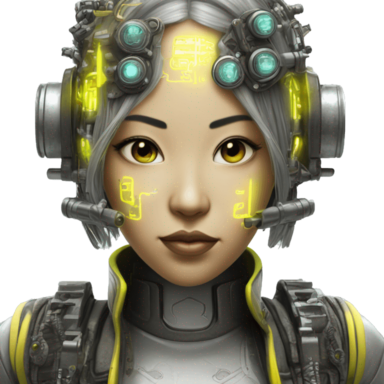 Neon yellow bobbed hair Asian female cyborg head with silver steampunk goggles and circuits emoji