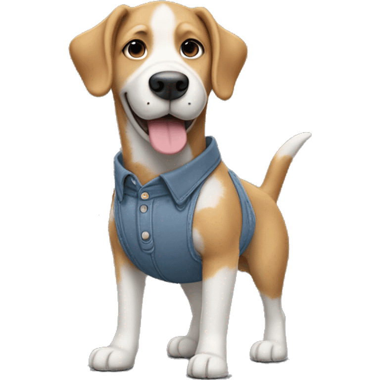 a dog standing on his feets wearing shirt, pant , shoes with his hand inside pocket and smiling  emoji