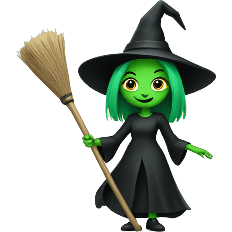 Green witch with broom wearing black  emoji