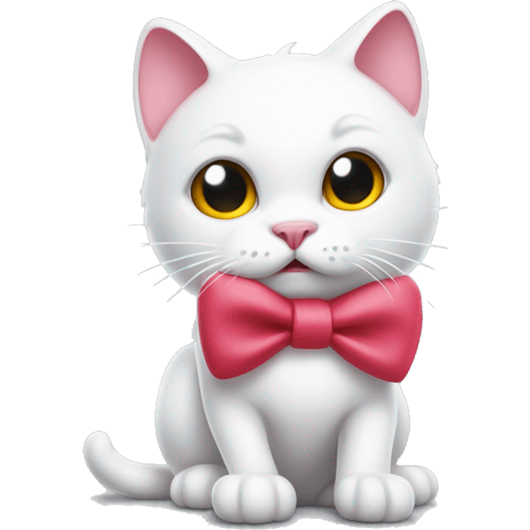 A white cartoon cat h k with a red bow on its left ear, looking unwell, a pink liquid out of his mouth emoji