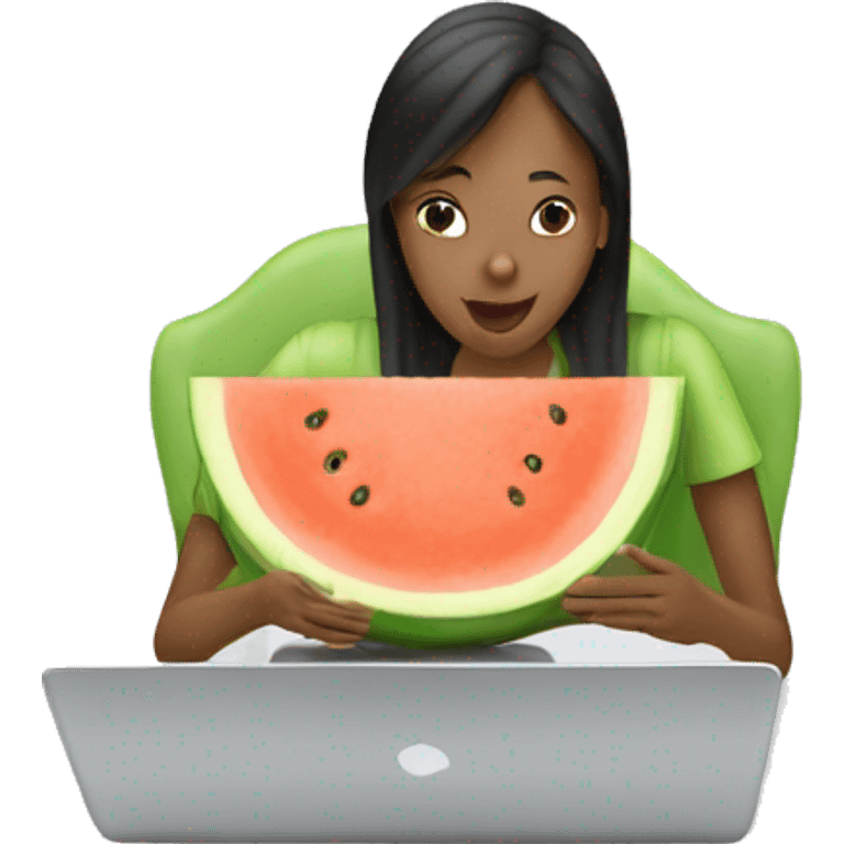 woman eating a melon while looking at a laptop emoji