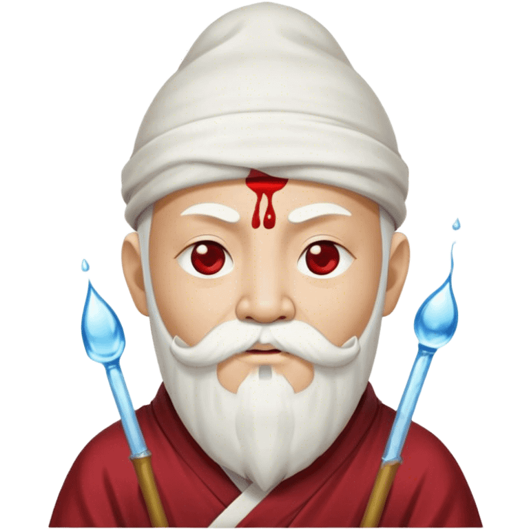 water monk gyatso avatar with white beard and moustache with Nepolion white hat with blood spritzing from one eyte emoji