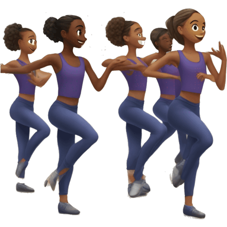 A group of 10 teen dancers rehearsing their dance in front of the mirror in a dance class emoji