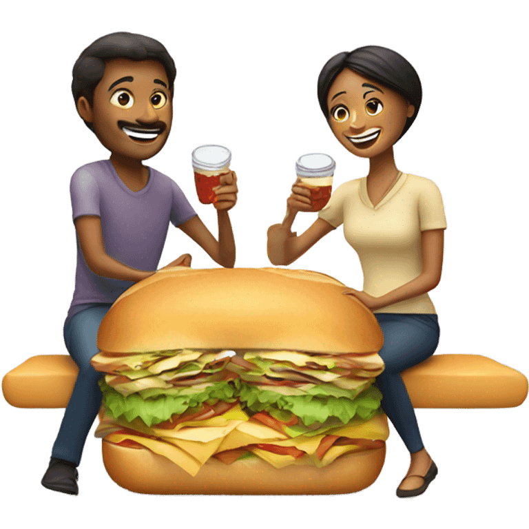 Couple sitting on top of big sandwich eating dinner (not sandwich) emoji