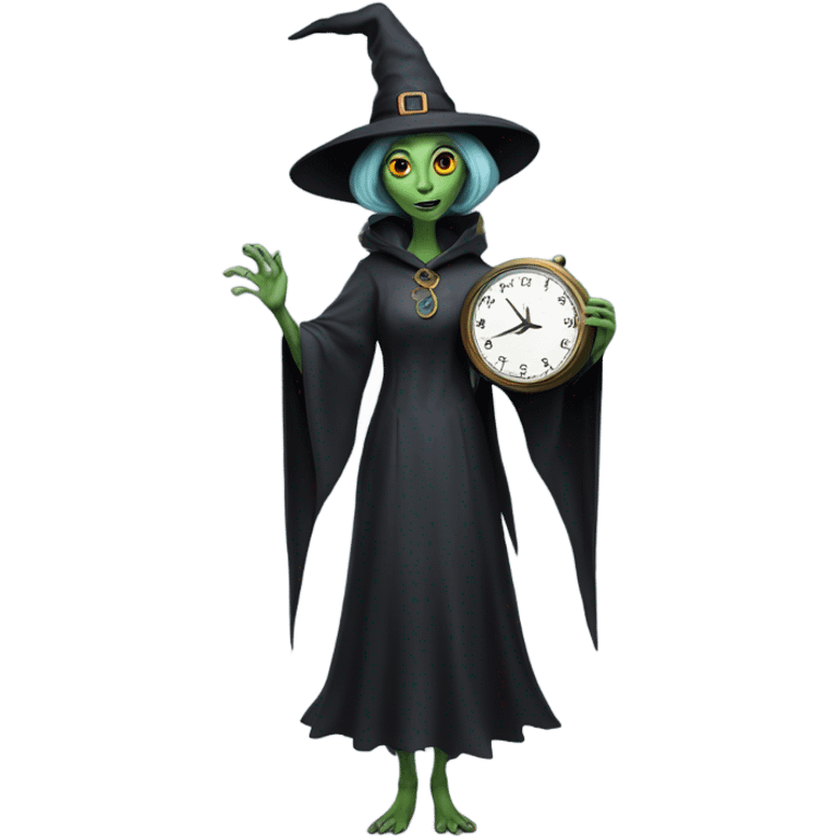 a Reptilian alien woman, as witch, holding holding a big clock, full body, happy emoji