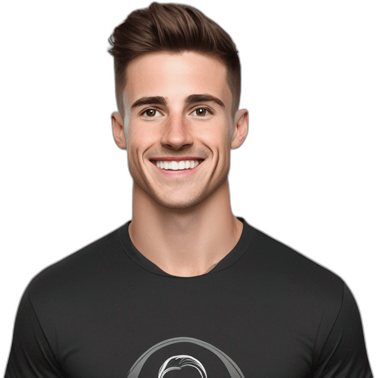 Mason mount 30 year old American Silicon Valley designer smiling with stubble and mustache in a black tshirt with broad shoulders profile photo hair fade undercut emoji