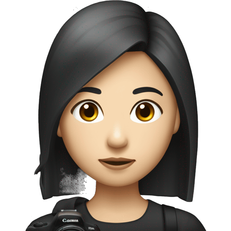 "A woman of Asian descent, with bangs and her hair tied back, dressed in black girl taking photo with canon camera emoji