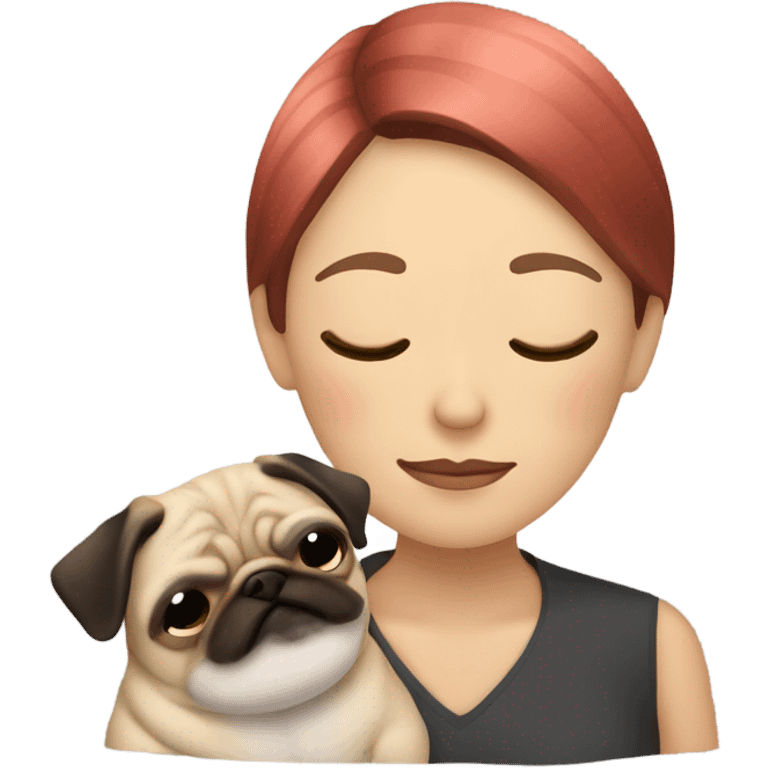 Pugs sleeping with female owner who has a multicolored bob hair cut happily  emoji