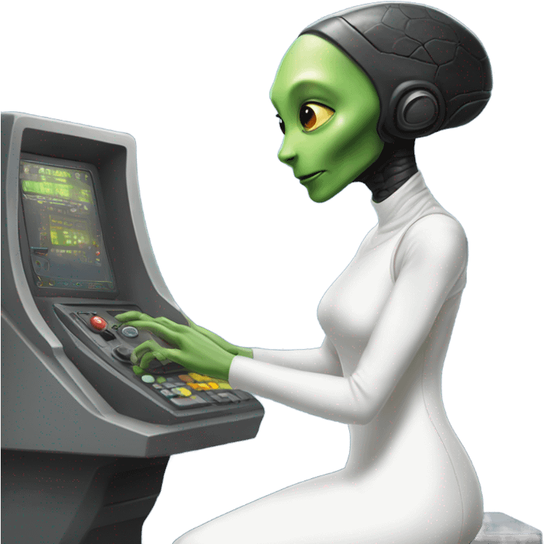  a Reptilian alien woman, in white dress, use a drive console emoji