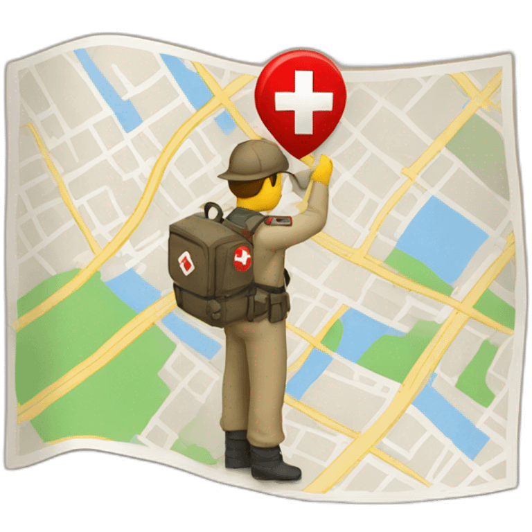 person scouting with a map in hand, the map must have a red cross marked on it. emoji