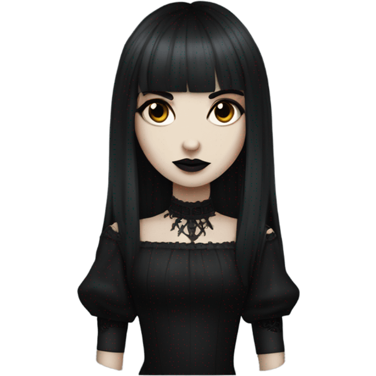 portrait one single goth women with pure white skin, dark hair, long hair, short bangs, dark makeup, gothic detailed dress bell arms  emoji