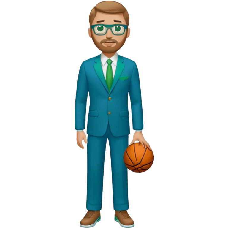 full body White male basketball coach light brown hair, short beard, green/blue eyes wearing glasses and blue and green suit emoji