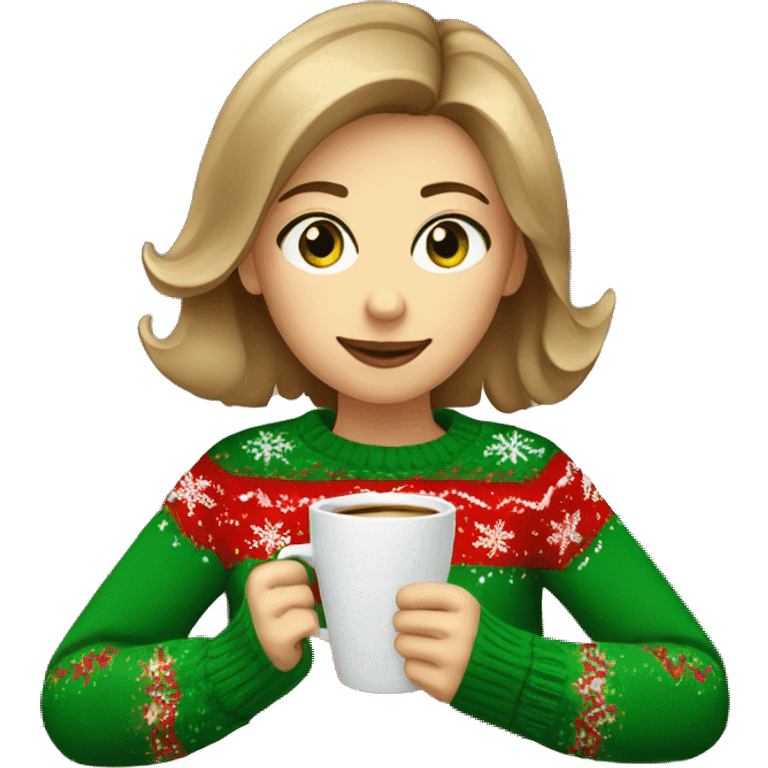 Light brown short haired girl with green eyes drinking coffee wearing Christmas sweater emoji