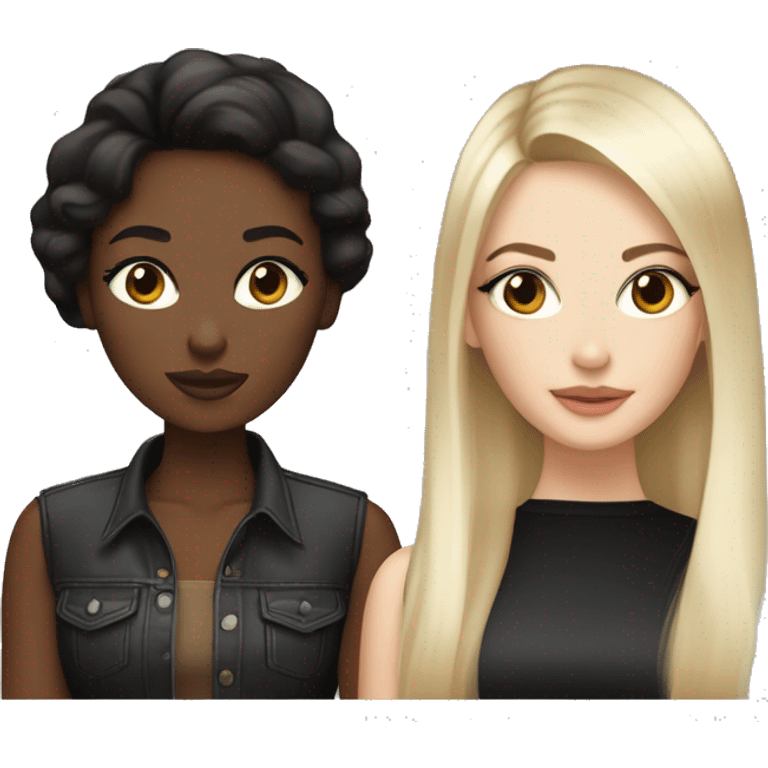 Two white girlfriends. One with brown hair in square, the other with black hair, bangs and a square. In fashionable clothes and beautiful modern makeup emoji