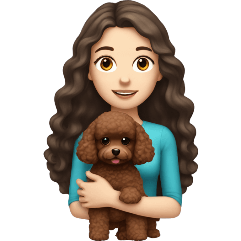 white girl with long dark hair and holding a brown toy poodle  emoji