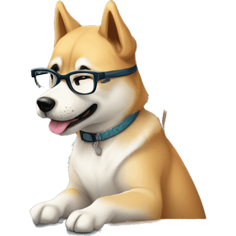 A cute Jindo dog from Korea wearing glasses and sitting at a desk, studying WordPress on a laptop. The dog has a determined expression. The background shows Korean-style room decor. Digital art style, vibrant colors, detailed illustration. emoji