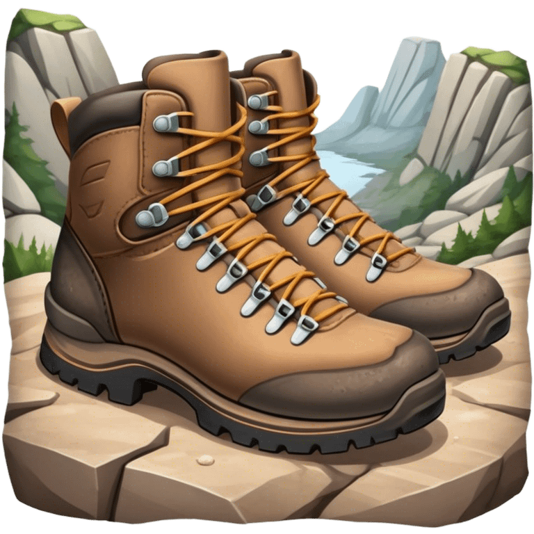 Cinematic Realistic Hiking Boots, well-worn leather boots resting on a rocky trail, scuffed edges and dirt-speckled laces adding character, glowing softly under the dappled sunlight filtering through the trees. emoji