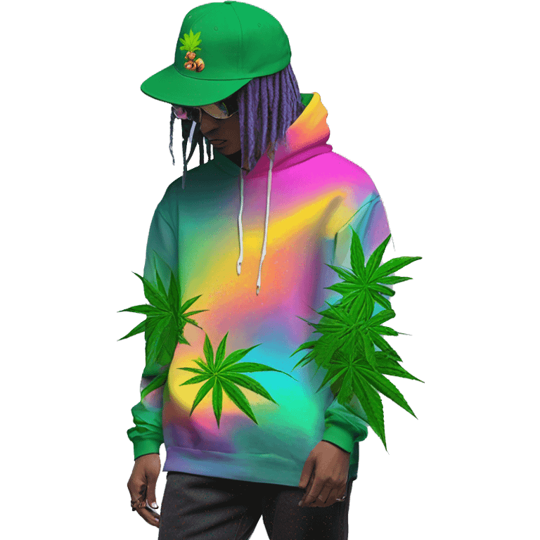 Hemp leaves Multicoloured neon person smoking wearing hoodie dancing hip hop bucket hat tropical Skater fashion aesthetic baggy clothes graphic t shirt 420 emoji