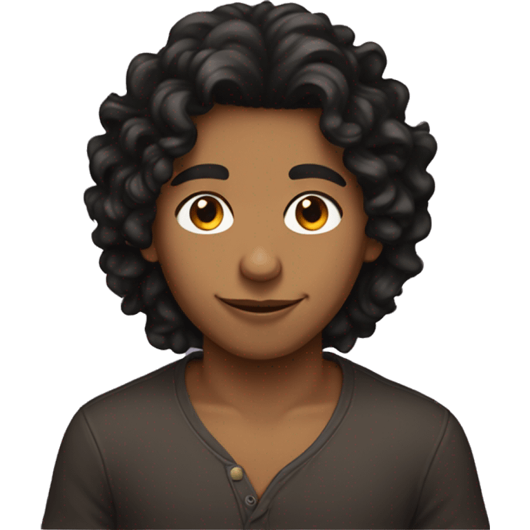 Brown boy with long curly black hair, t emoji