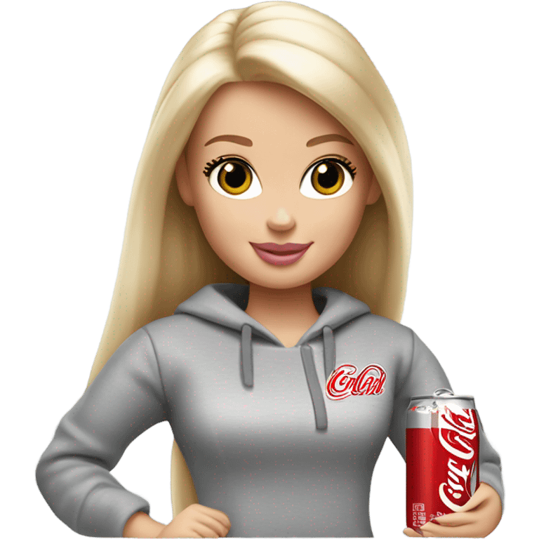 Blonde Barbie wearing light gray sweatshirt, holding a Diet Coke  emoji