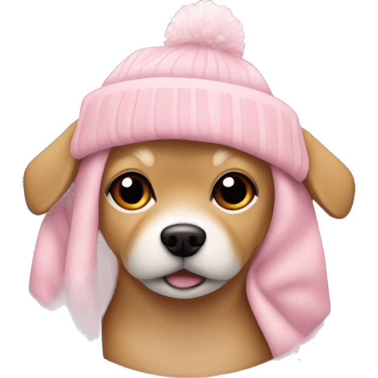 small tan colored dog wearing a soft pink beanie with a pom pom bundled in a pink christmas blanket emoji