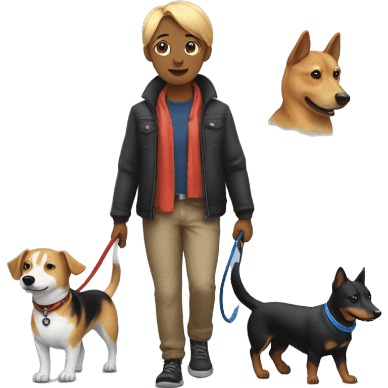 Me walking with two dogs. One is black male dachshund with blue collar and leash. The other one is a female like a shiba inu, but more messy and hairy. Has black bandana collar emoji