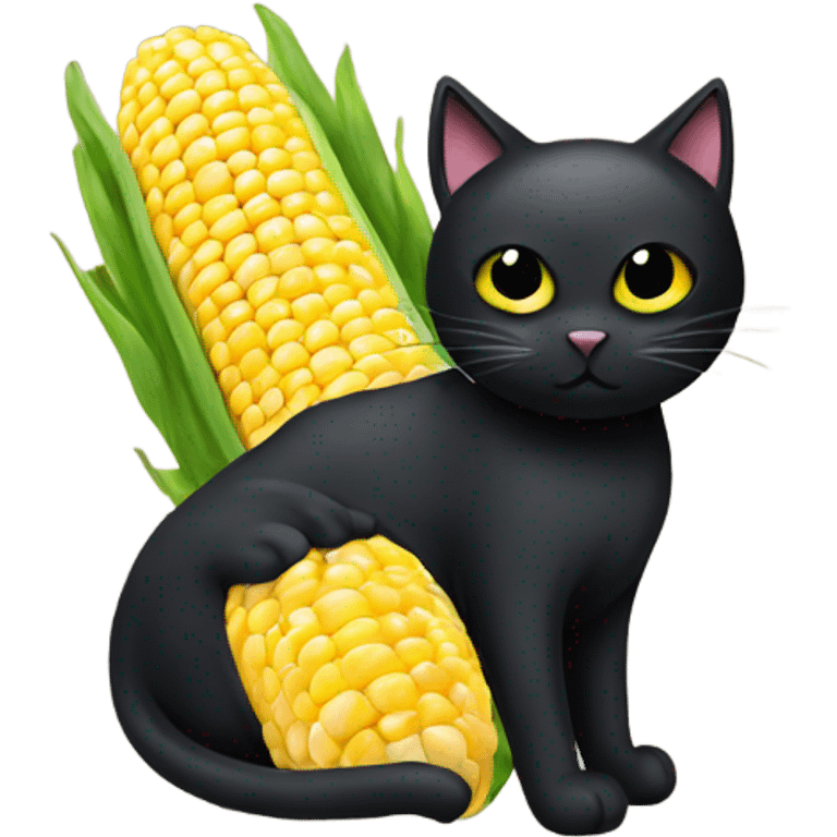 Fully black cat with yellow/green eyes sitting next to elote on the cob emoji