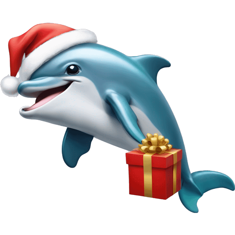 Dolphin with Santa hat and Christmas present  emoji