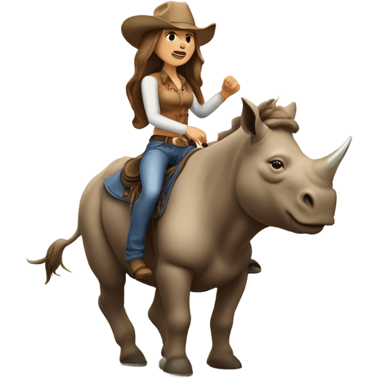 Caucausian woman with long hair with a cowboy hat and she’s riding a rhinoceros emoji