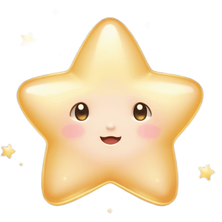 Cinematic cute sparkling star, chubby rounded edges, golden glow, tiny blushing cheeks, warm and gentle shine, twinkling softly in a pastel night sky. emoji