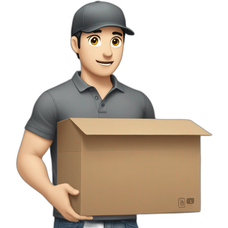 Pale skinned fit Man with black hair in a gray cap and dark gray polo T-shirt keeping a packed box into his hands emoji