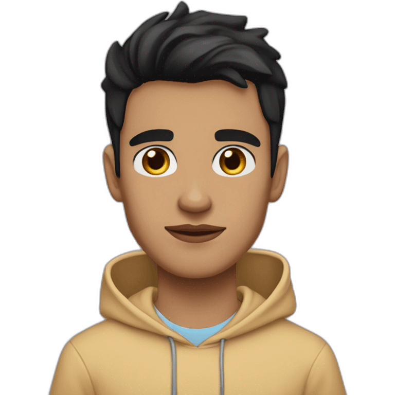 Tan skin with black hair and thick eyebrows young adult male wearing a blue hoodie and define jawline and thin nose and pinkish lips and gold necklace emoji