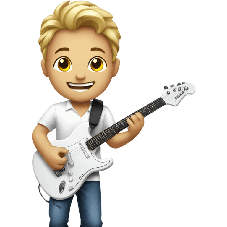 happy boy in white shirt playing electric guitar emoji