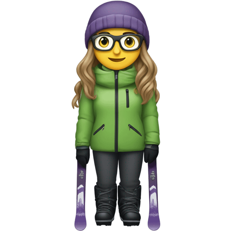 Green eyed chubby female skier with long straight hair, glasses, grey purple snow jacket, long black pants, black only snow boots and black skis looking cool. emoji