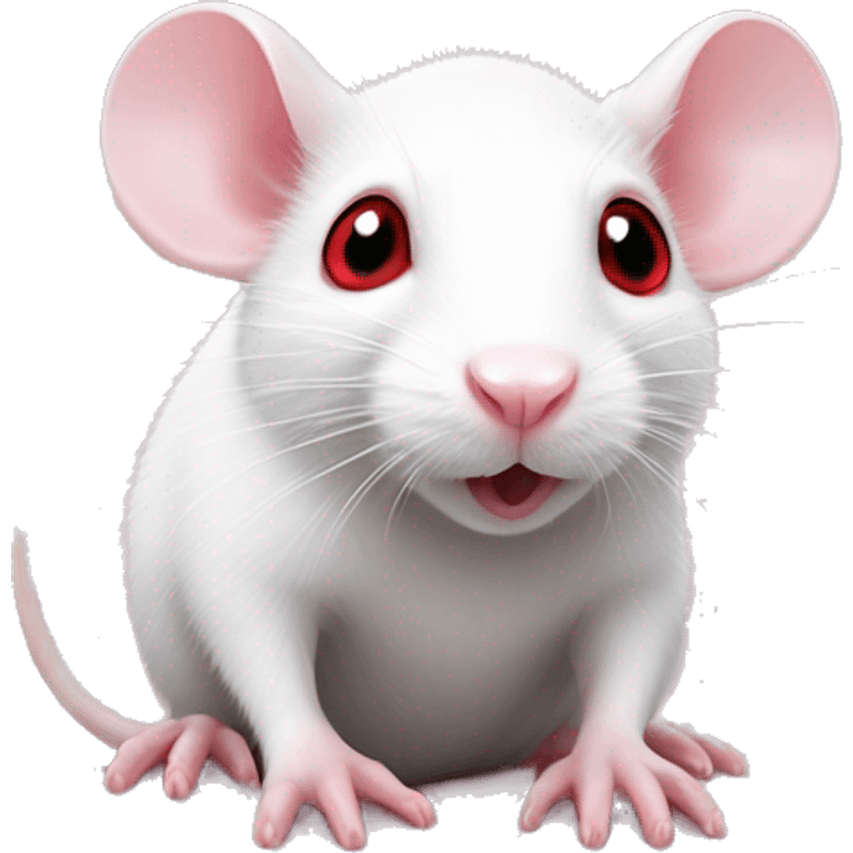 Realistic white rat with small ears, bright red eyes and baby pink tail and baby pink paws whole body showing emoji