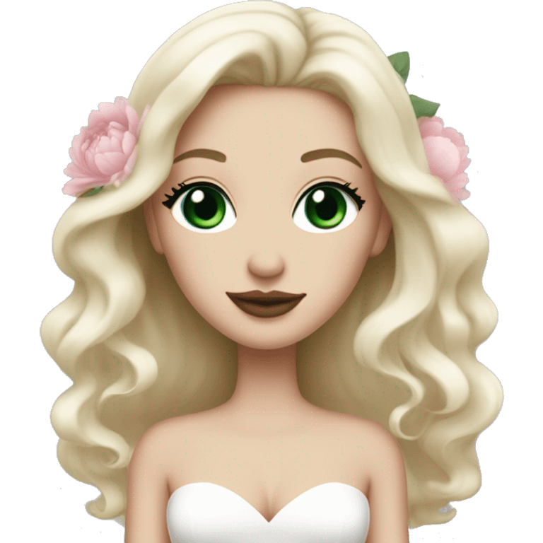 White bride with long light blonde hair and dark green eyes with light pink peonies in hair white skin and pink lipstick emoji