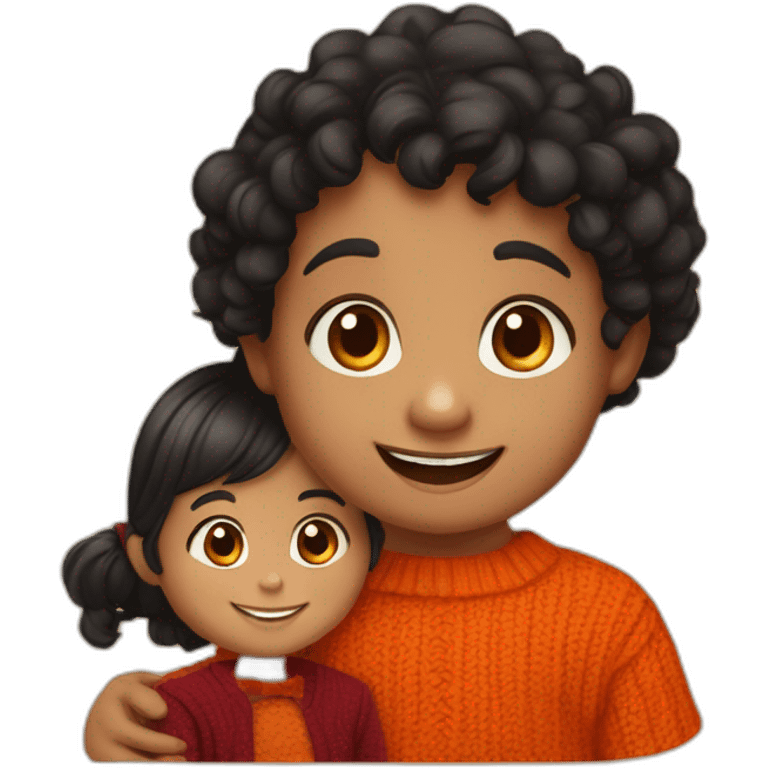 smiling 3 years old indian girl with black curly hair in pigtails wearing a orange dress and smiling 3 years old indian boy with black hair wearing a dark red sweater emoji