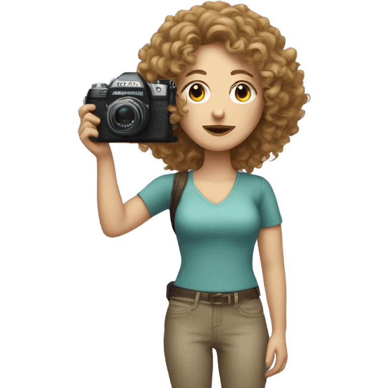 white woman with curly hair holding digital camera emoji