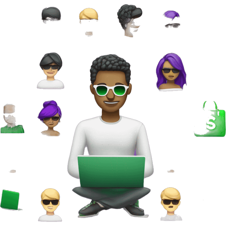 Create minimalist freelancer emoji: white geometric face, pixel sunglasses, modern hairstyle, laptop, green money stack, purple background, sparkle accents. Style: clean lines, tech-savvy vibe. emoji