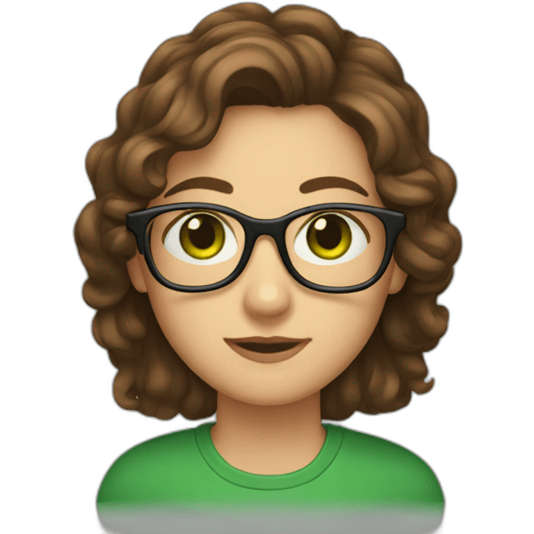 brown hair, glasses, green eyes, laptop, emoji