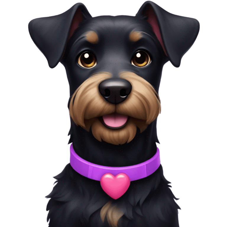 All black terrier dog with purple and pink collar with heart that says Remi  emoji