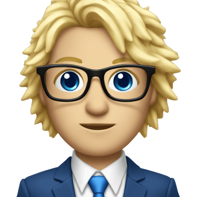 make a blue suit with spikes on the shoulders with a white blouse and a blue tie with the European flag on it person with blonde hair and black glasses emoji