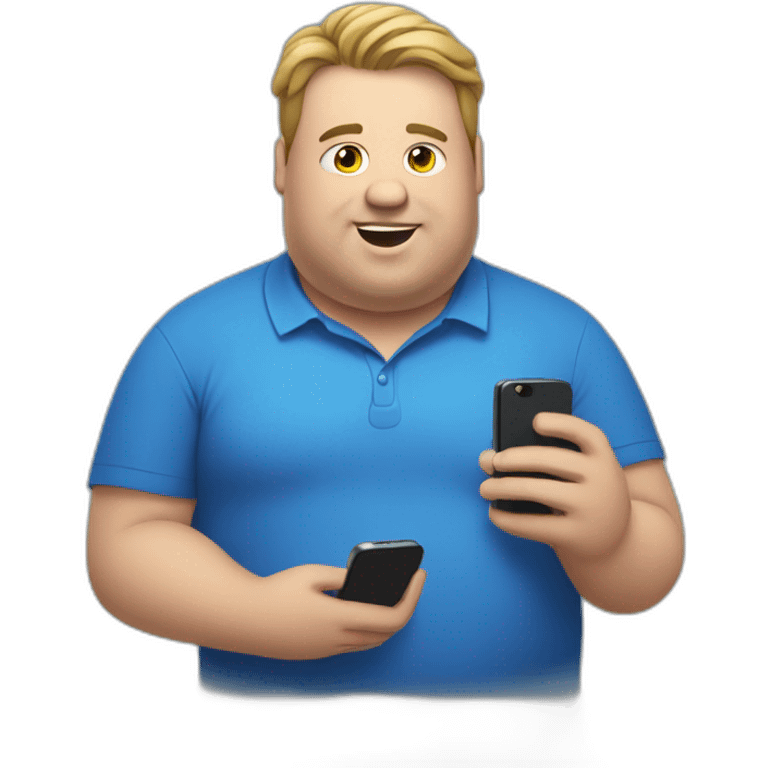 fat man in a blue shirt holding a phone emoji