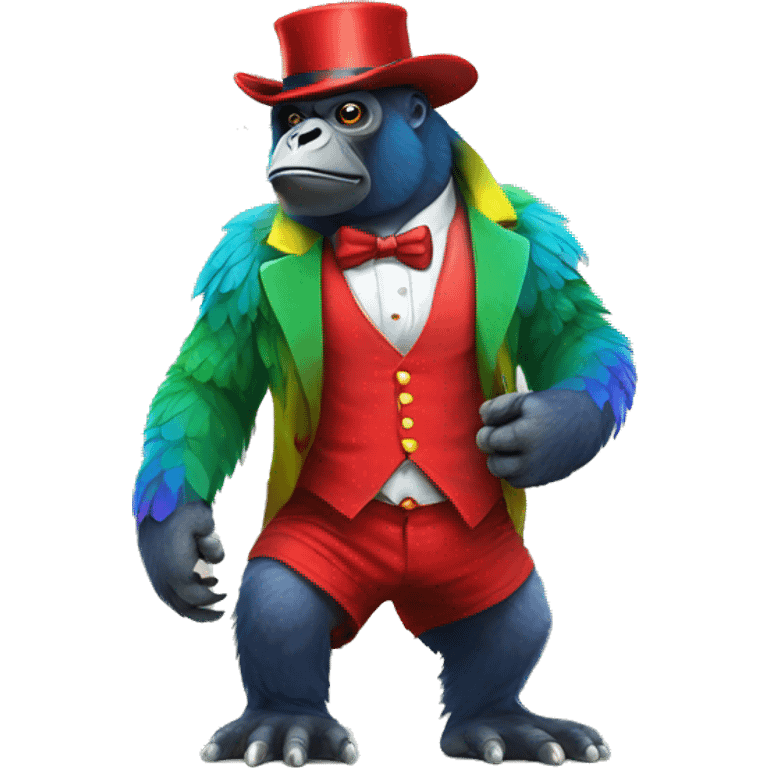 Rainbow parrot gorilla with no legs with a tophat and a 6 pack, wearing red shorts emoji