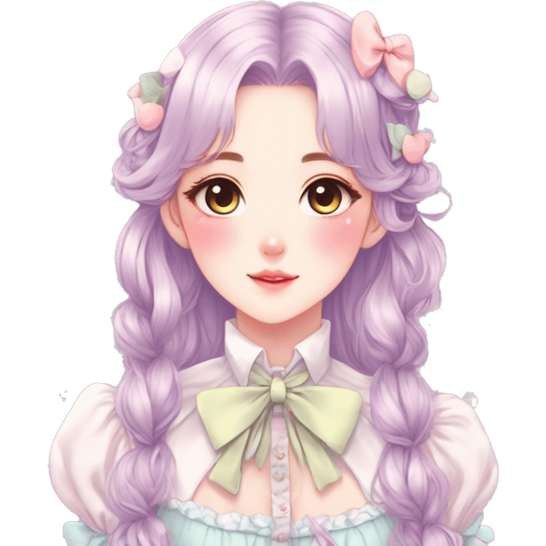 Gorgeous pastel anime style lady with blushing face and laces bow ties necklace cottagecore fairycore pastelcore colorful pearly romantic simplistic aesthetic trending style emoji